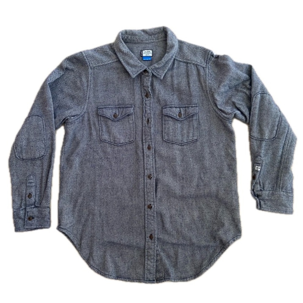 Kavu Women’s Medium Gray Long Sleeve Flannel Shirt Elbow Patches Pockets Hiking - Picture 2 of 9